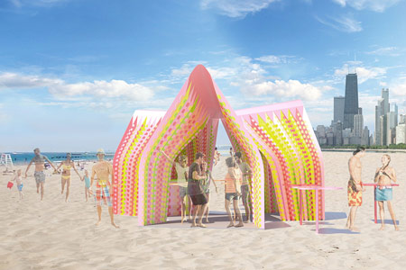 24d-studioによる自立型トリフォリウムキオスクRockin Pinata。シカゴのノースビーチでの設置提案。