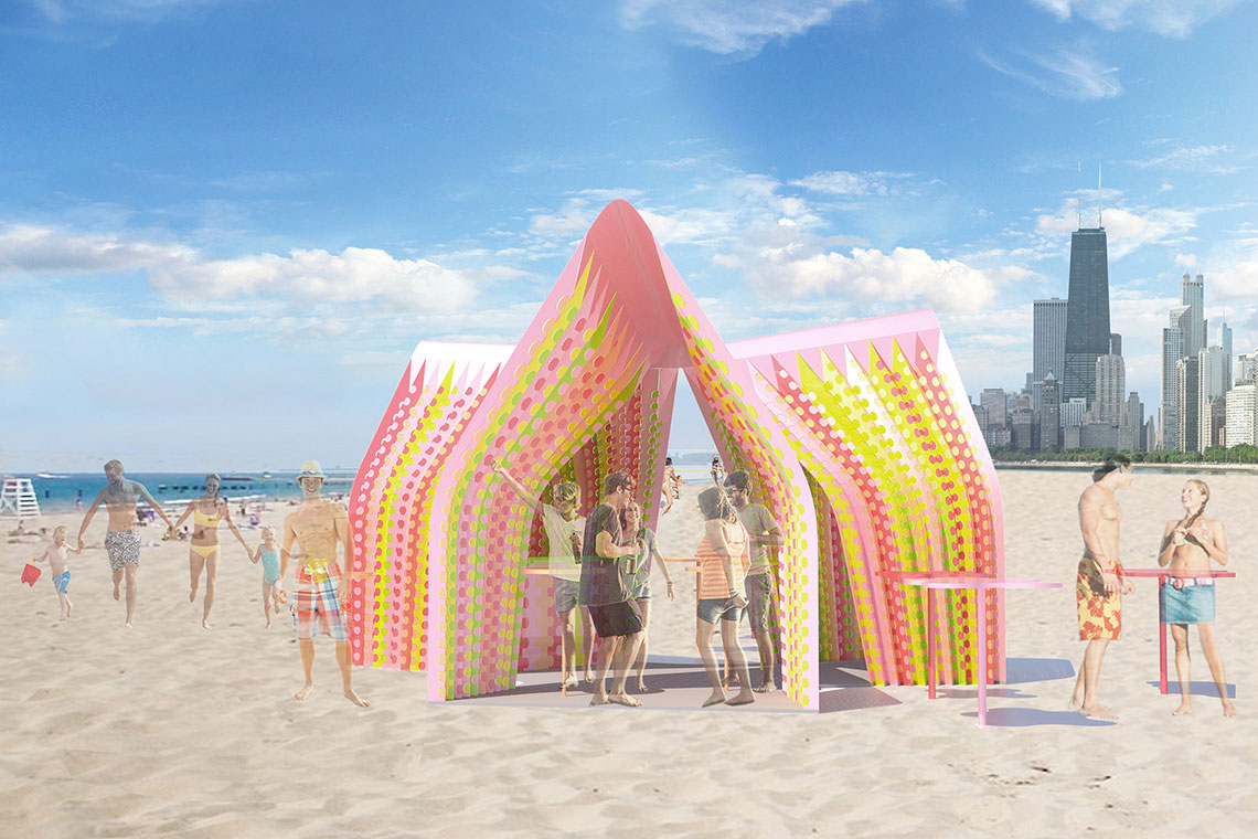 Rockin Pinata 24d-studio proposal is a colorful self-supporting trifolium kiosk situated on North Beach, Chicago