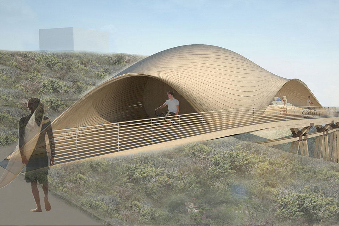 Rendering showing Cut Back Hills proposal’s entrance to the public restrooms wood volume inspired by the curling waves of the ocean. 