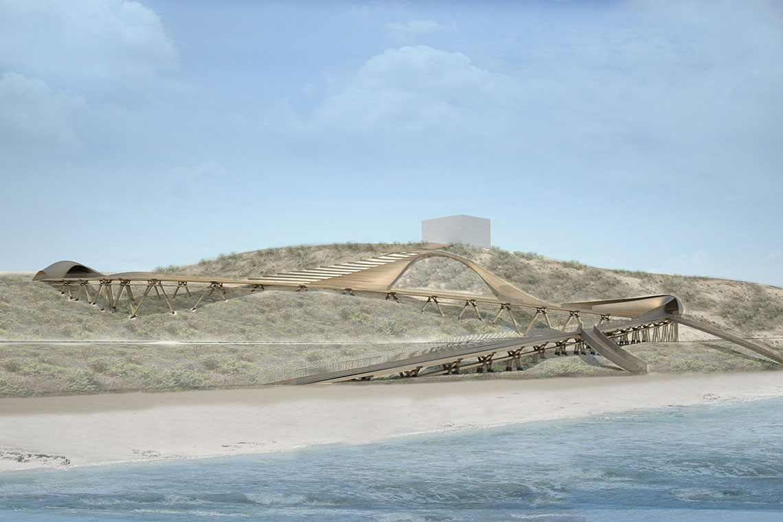 Overall elevated wood bridge perspective rendering for Cut Back Hills Proposal for Trestles wetlands area and beaches.