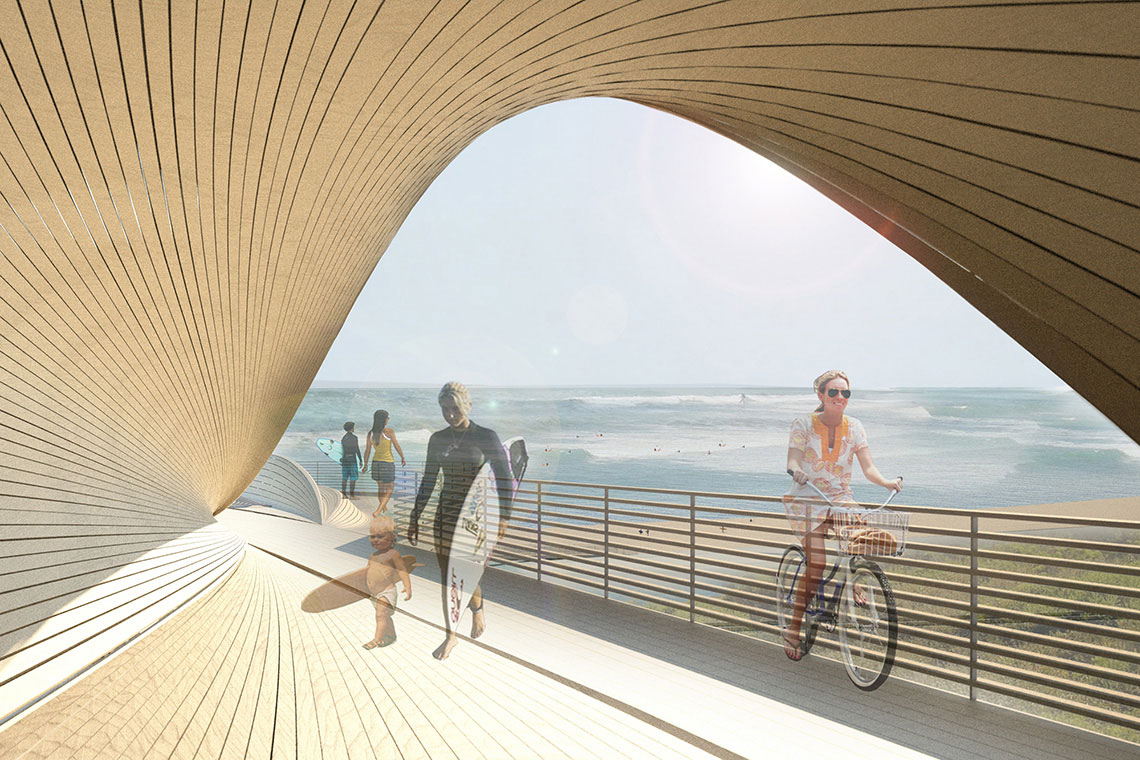 Rendering showing another view of Cut Back Hills proposal’s entrance to the public restrooms wood volume inspired by the curling waves of the ocean. 