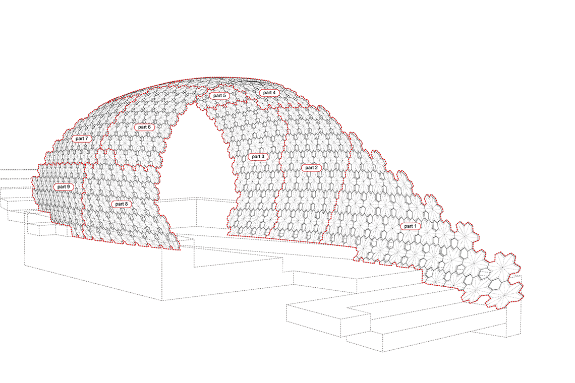 Axonometric drawing for Daphne arch installation divided into preassembled connected paper panel sections.