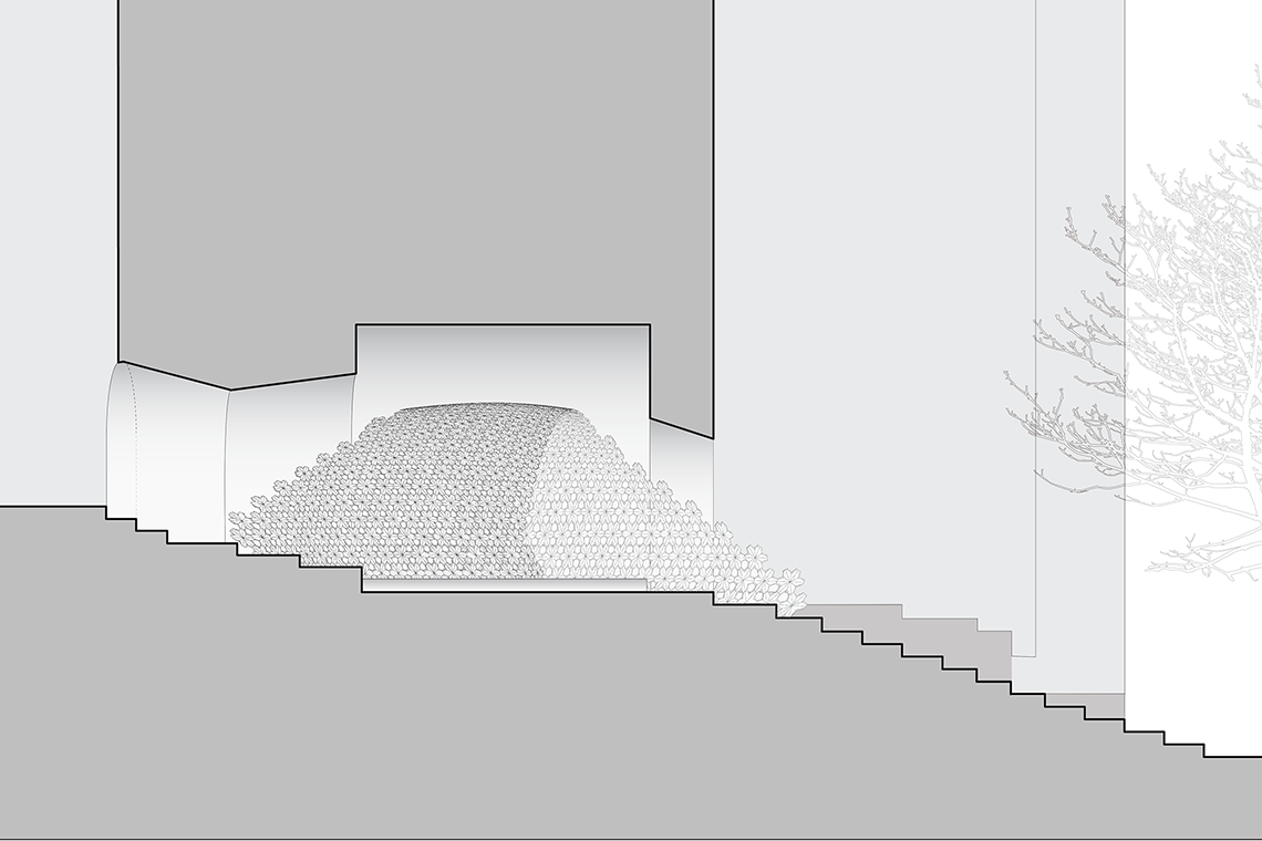 View of Daphne Installation completed by 24d-studio showing a drawing section through the tunnel and elevation of the paper arch volume situated within the tunnel.