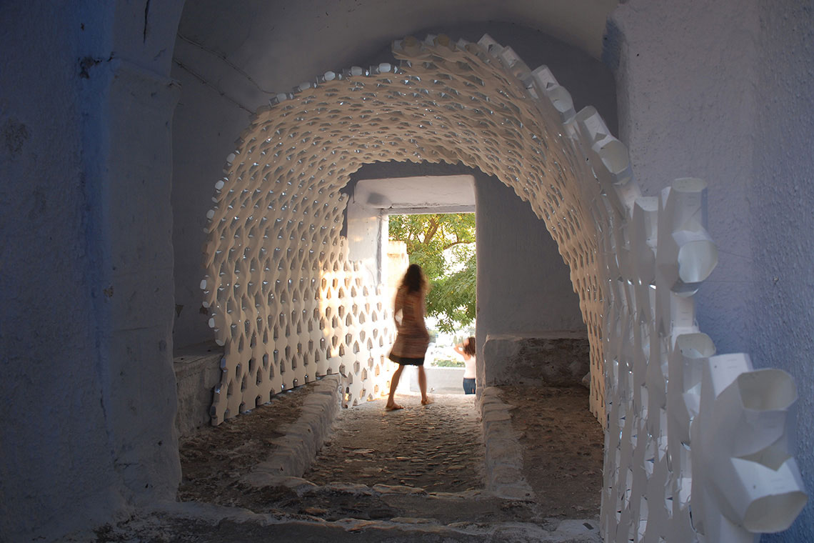 Photo showing Daphne installation situated within Pyrgos tunnel on Santorini Island