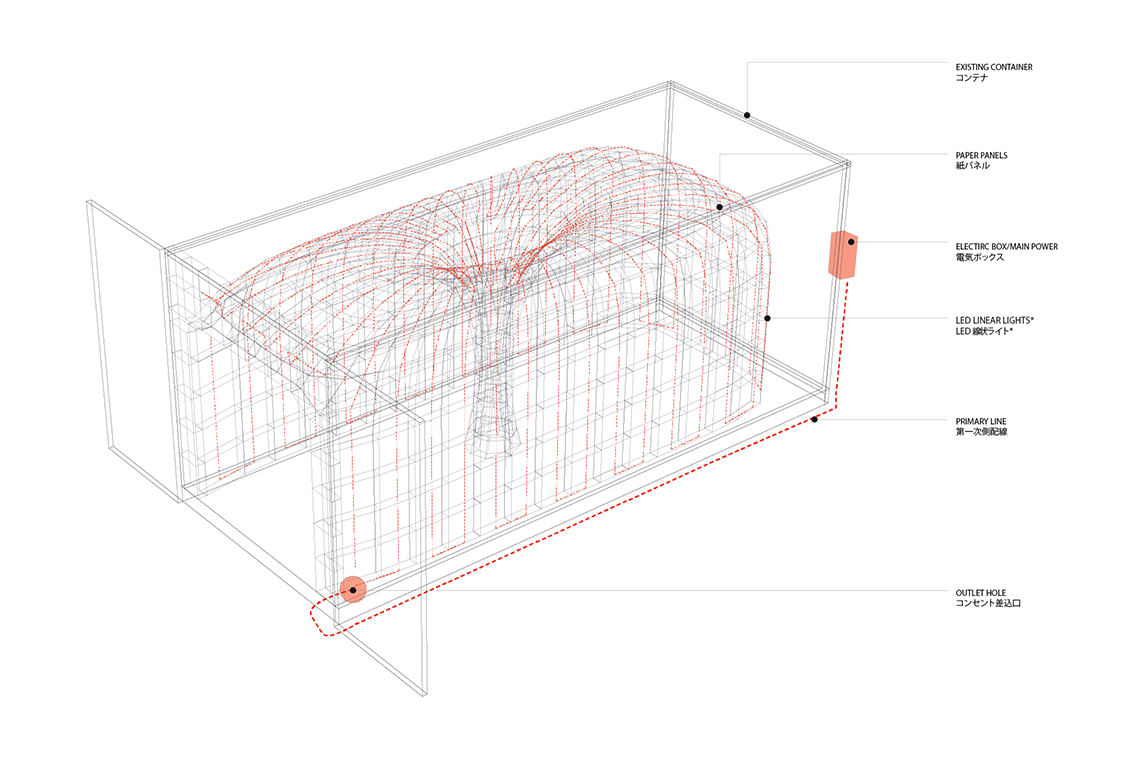 Axonometric lighting diagram drawing for Hope Tree installation situated within 20 foot shipping container.