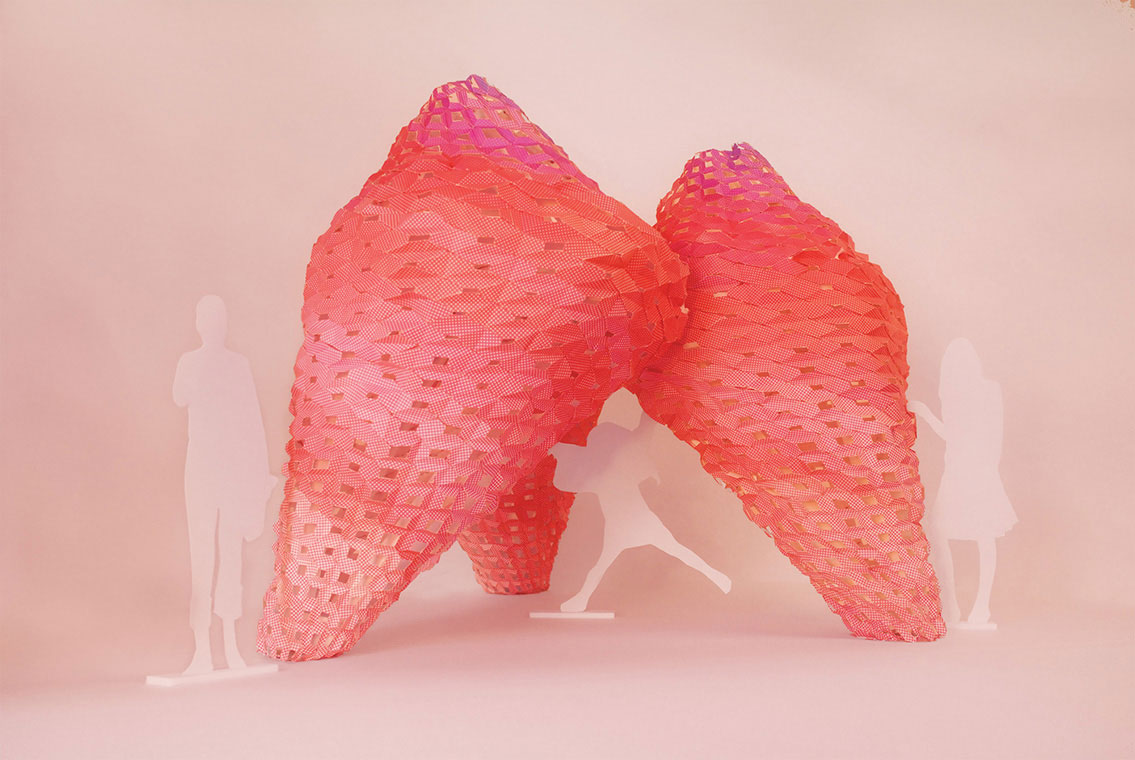 Pink Steam is an installation proposal in the form of luminous interconnected self-supporting trio of sculptural volumes