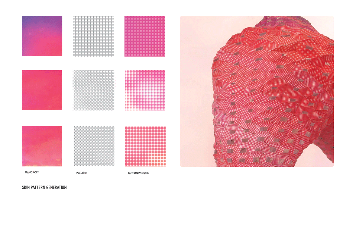 Pink Steam installation proposal for Miami of paper tiles types with various patterns and colors diagram study