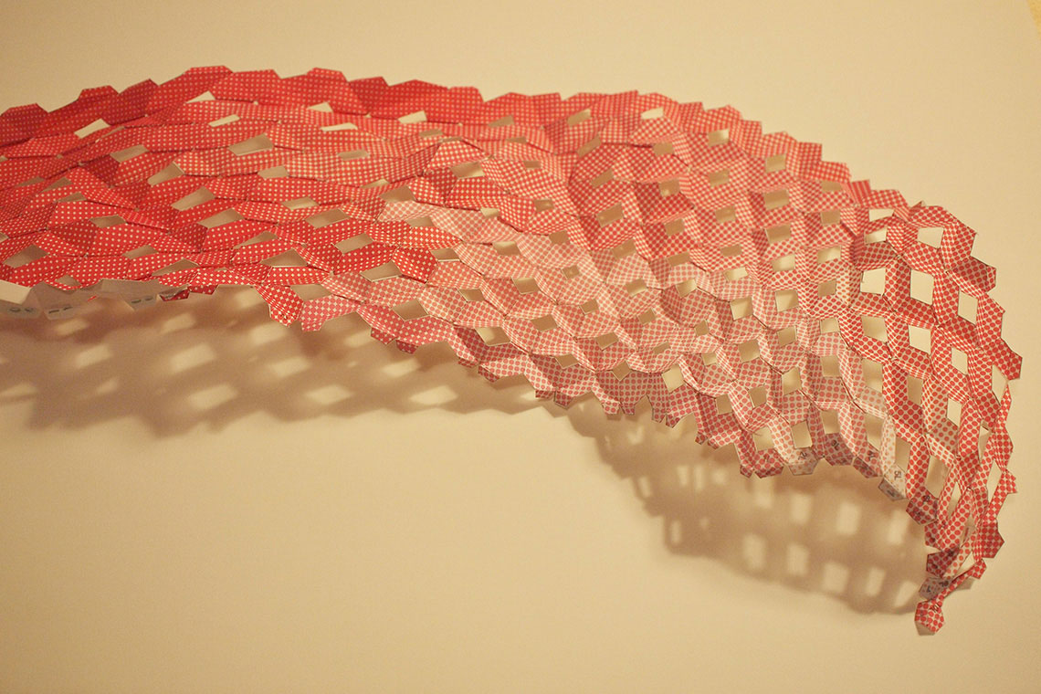 Pink Steam installation proposal inspired by Miami sky is composed in folded strips connected together to create a complex three dimensional volume.