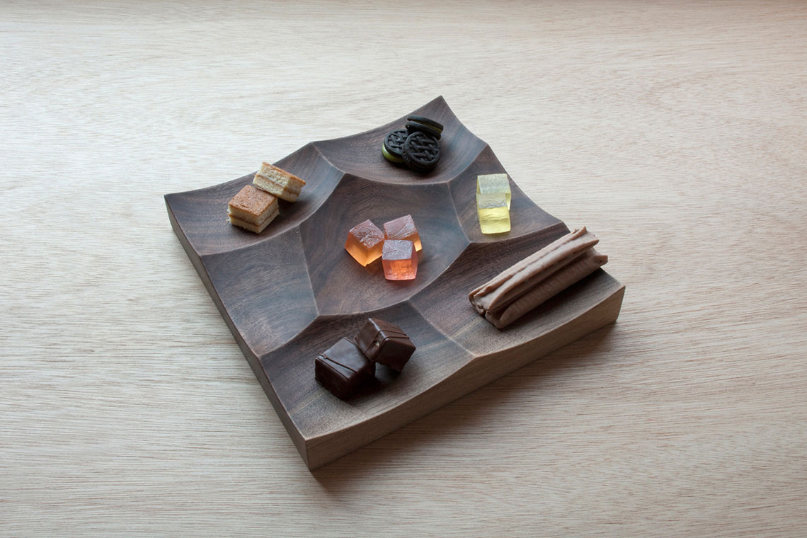 Beautiful small Storm Tray fabricated in solid walnut wood with sweets