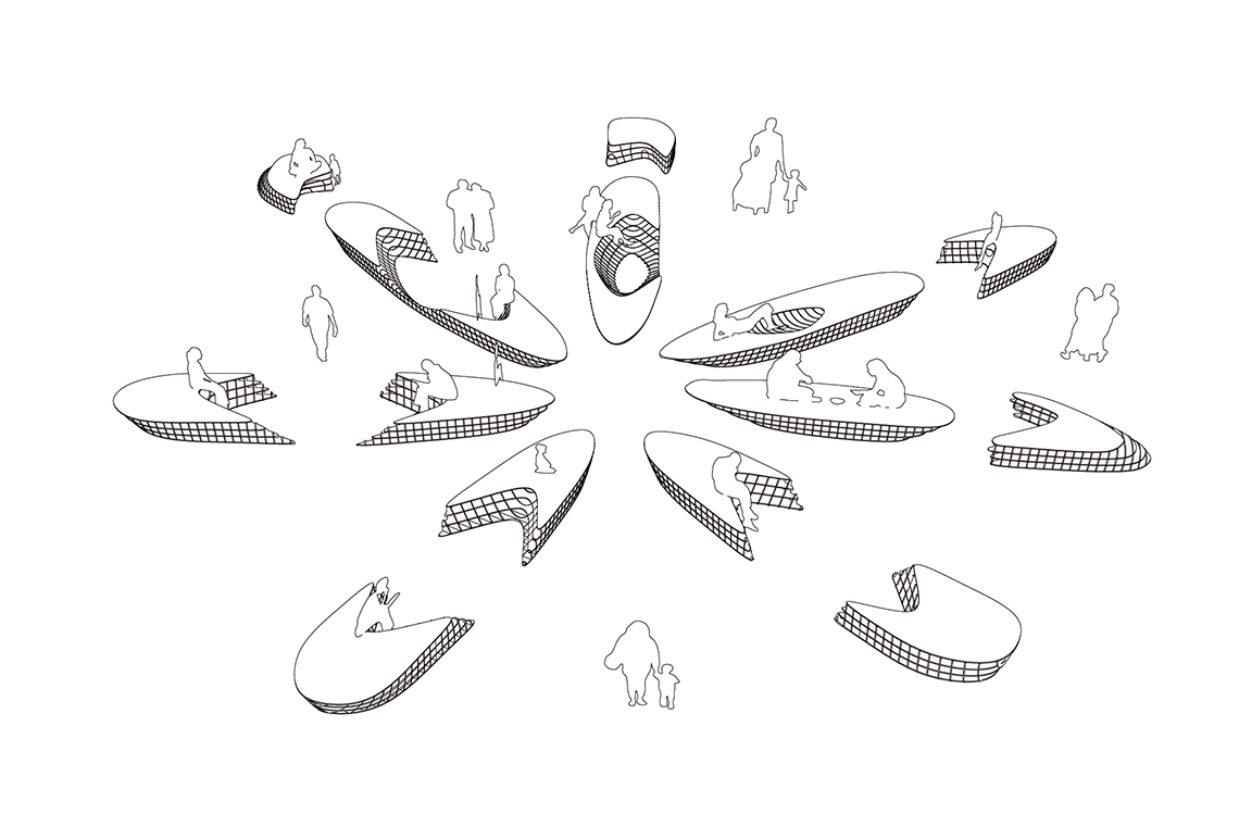 Phase 2 axonometric drawing of Clouds Up proposal repurposed as a series of benches.