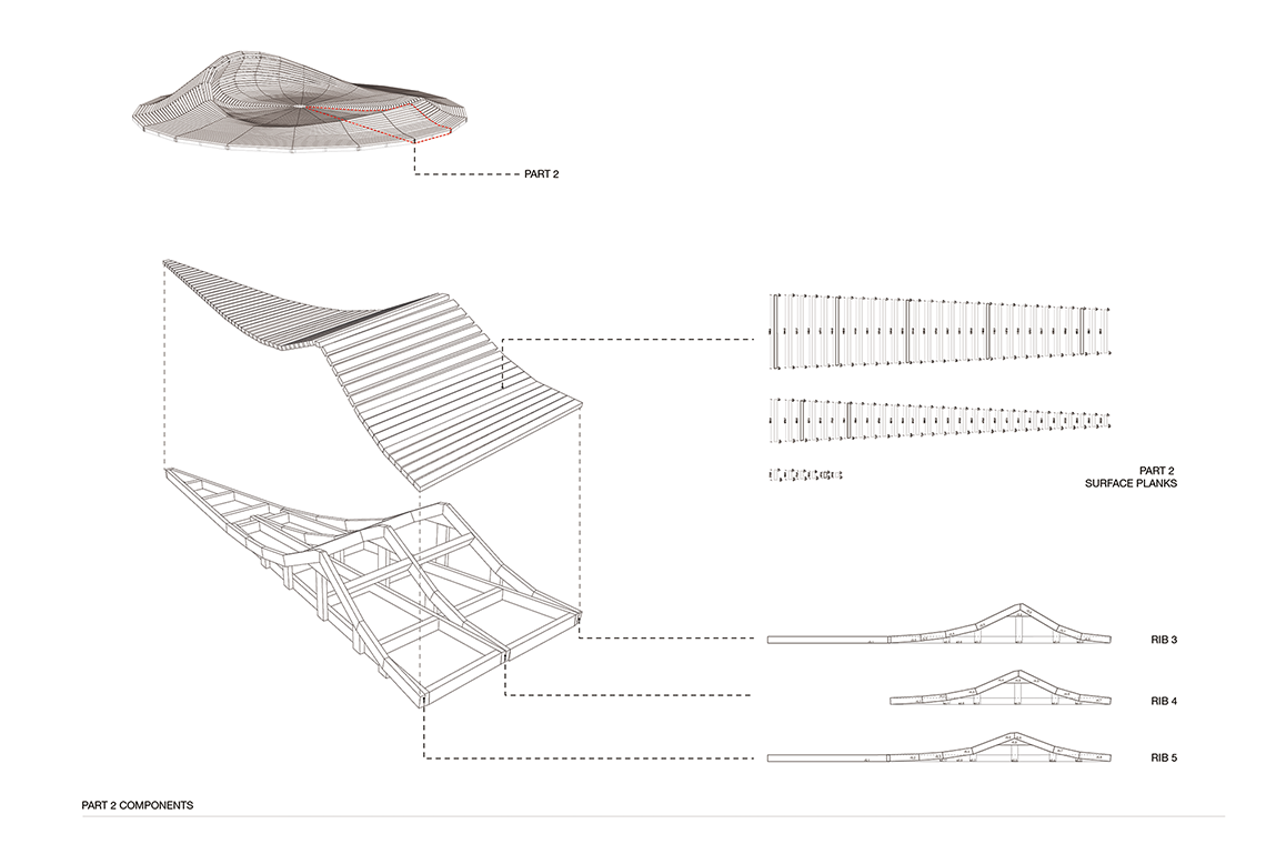 Crater Lake Installation exploded axonometric assembly drawing showing building components.