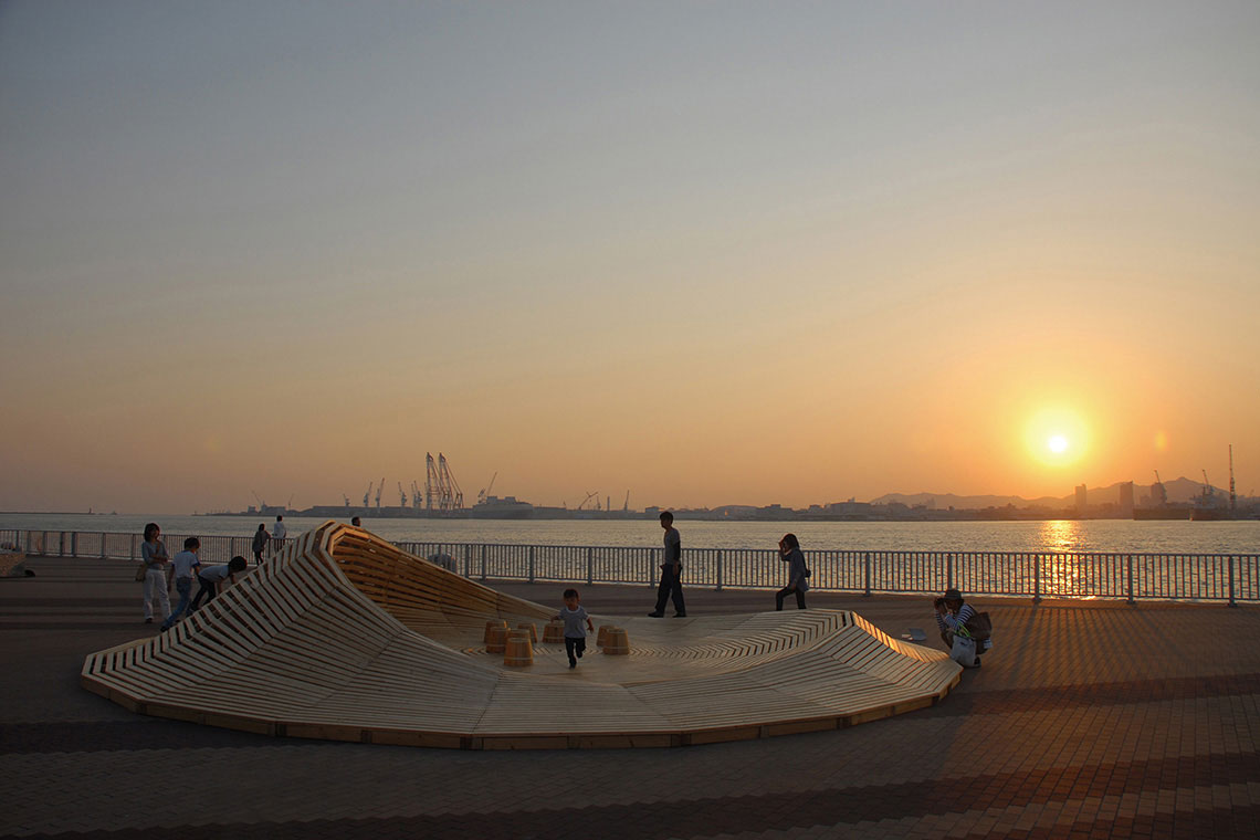 Crater Lake wood installation during sunset at Kobe Shiosai park.