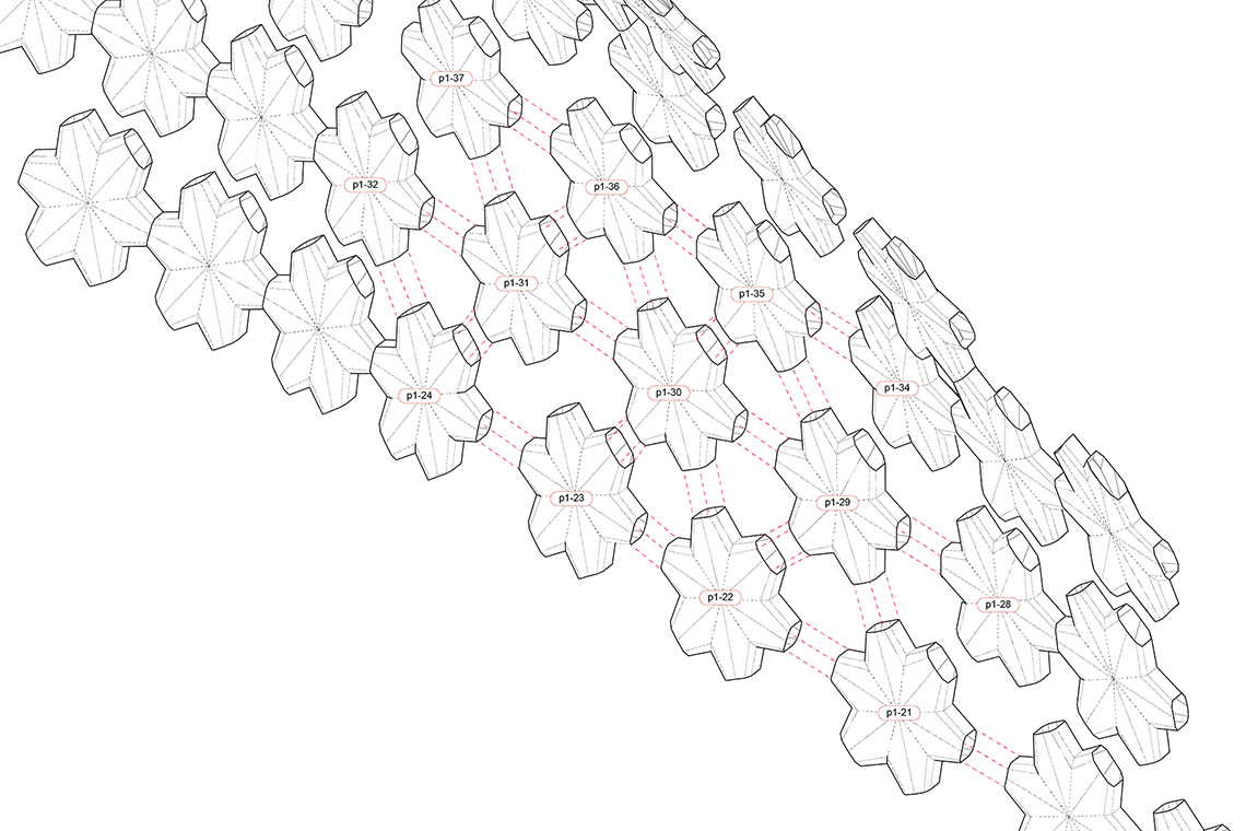 View of Daphne Installation completed by 24d-studio showing a drawing diagram for paper panel connection into a self-supporting arch structure 