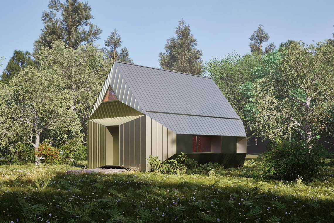 Forest Cabin with green polished aluminum cladding situated in the garden plot of Toyooka forest.