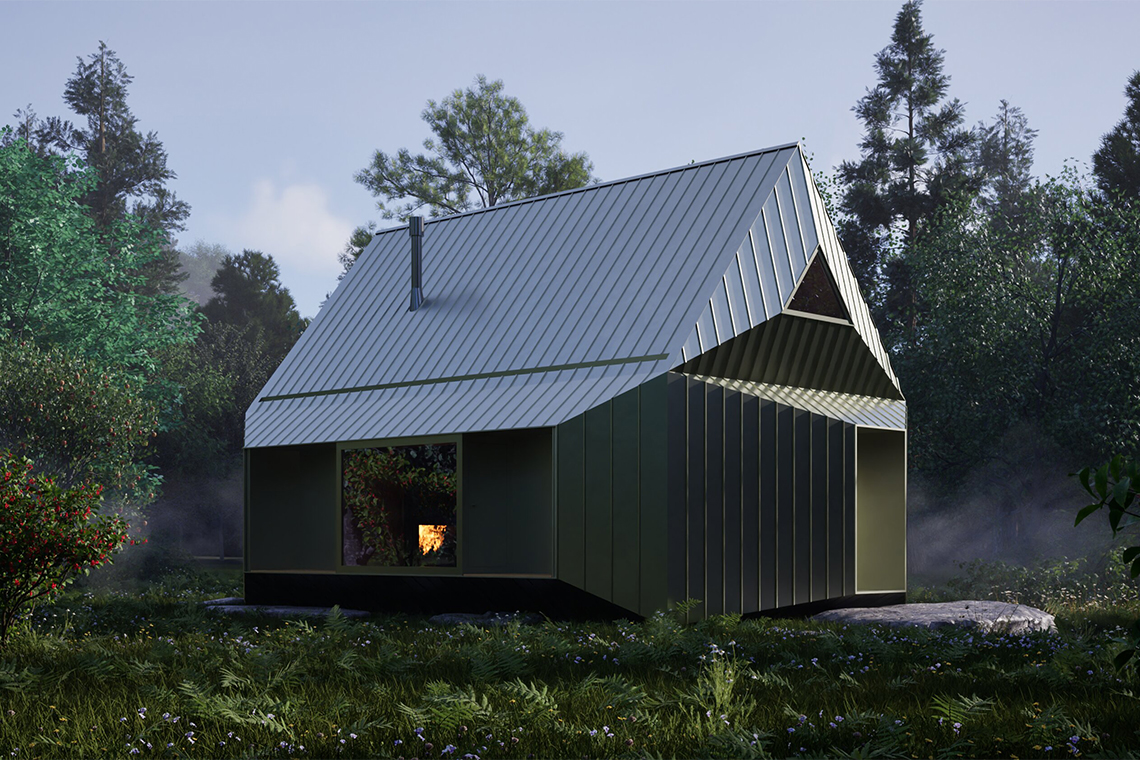 Early morning view of aluminum clad cabin in Toyooka forest.