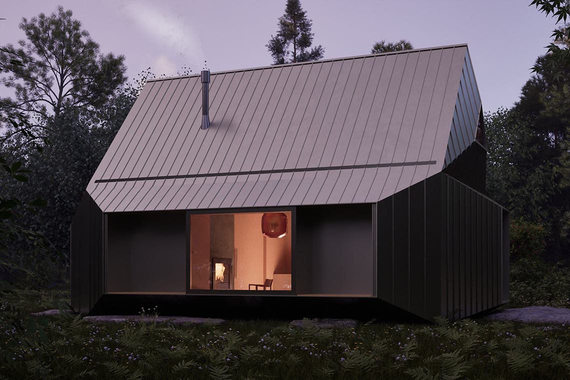 Forest Cabin view at night time with fireplace. 
