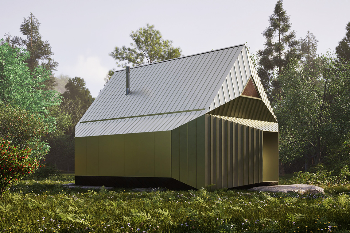 Forest Cabin with closed aluminum shutters