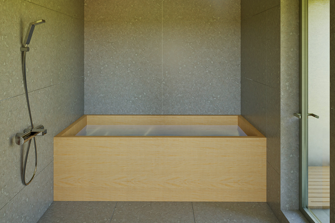 Forest Cabin interior view of the bath washing area with terrazzo panels and hinoki bathtub. 