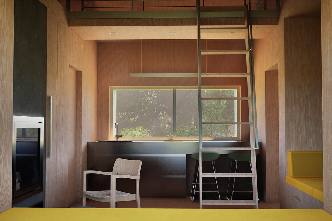 Forest Cabin interior view with oak wall paneling and oak flooring overlooking kitchen area and ladder. 