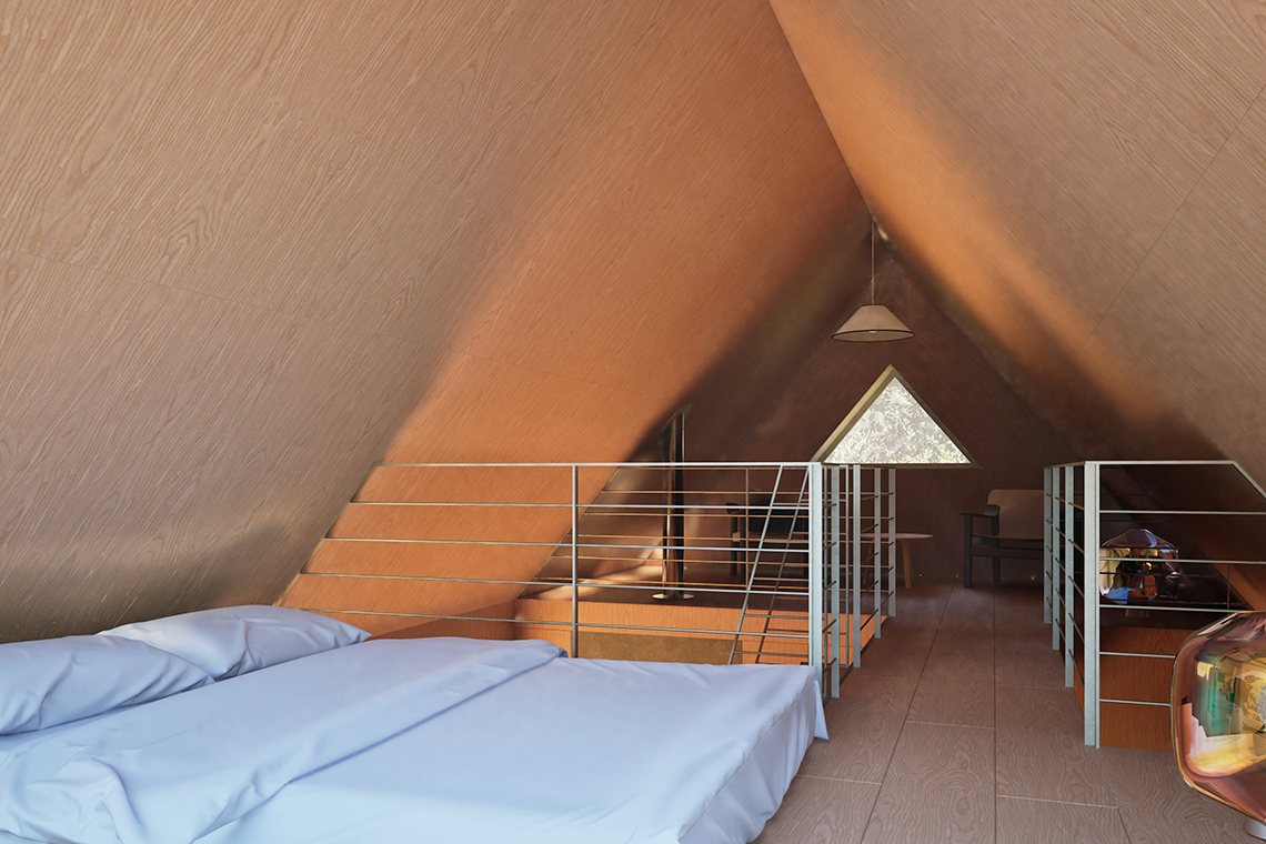 Forest Cabin interior view with oak wall paneling and oak flooring overlooking 2nd level loft space. 