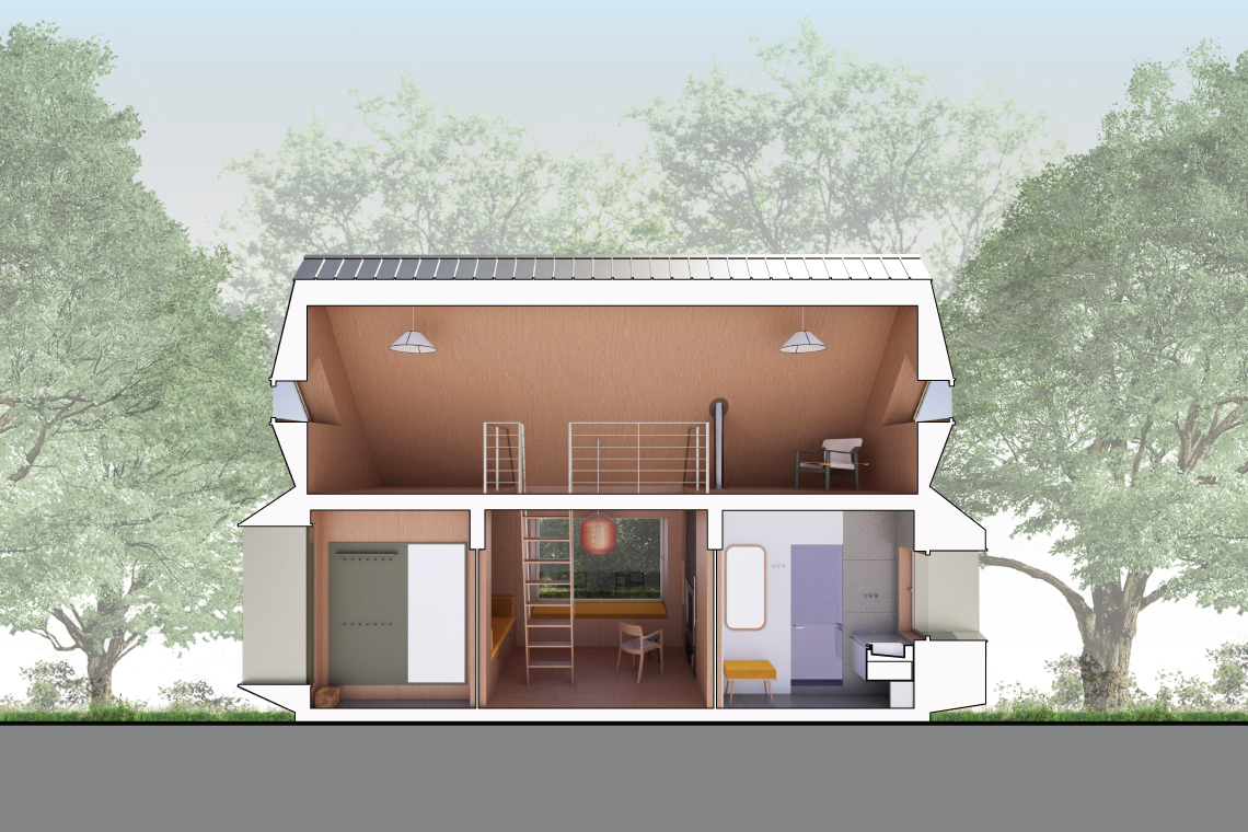 Longitudinal section 2 cut through the Forest Cabin overlooking living area, bathroom and entry with the second floor loft space. 