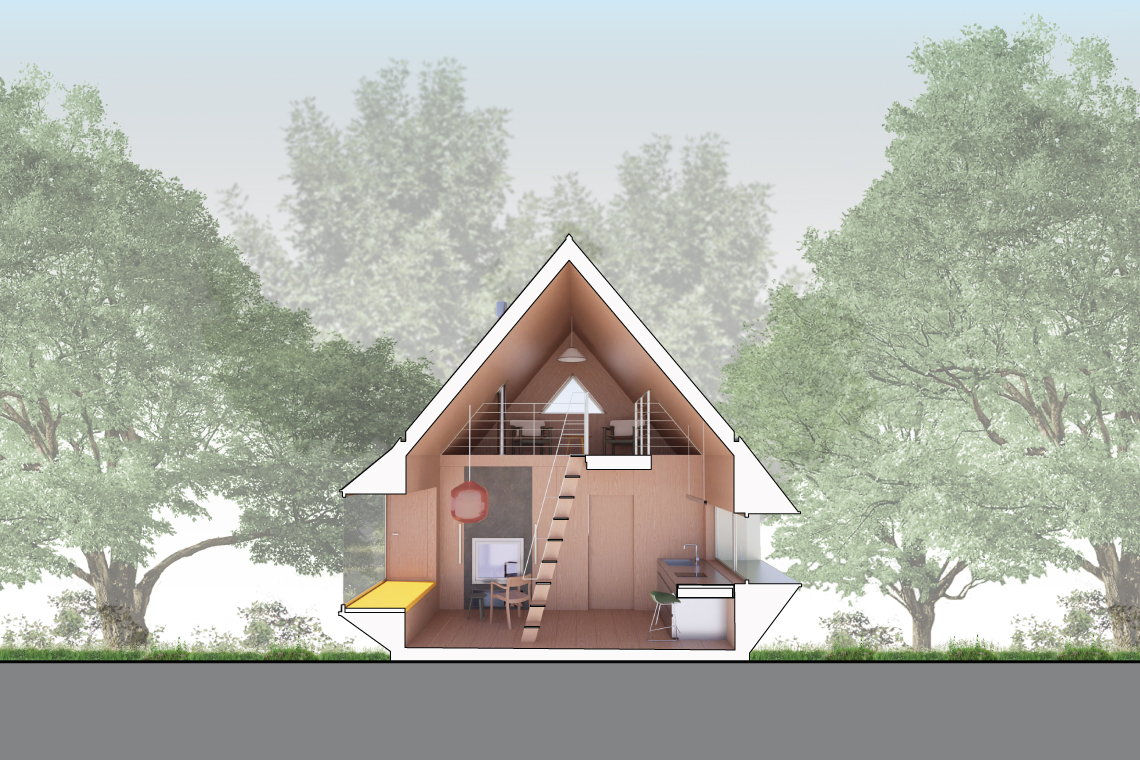 Tranverse section 1 cut through the Forest Cabin overlooking living area fireplace and kitchen area with the second floor loft space. 