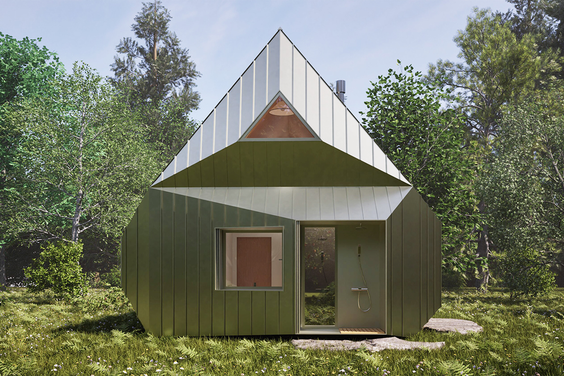 Forest Cabin view of the outdoor shower placed in the back of the cabin overlooking surrounding landscape.