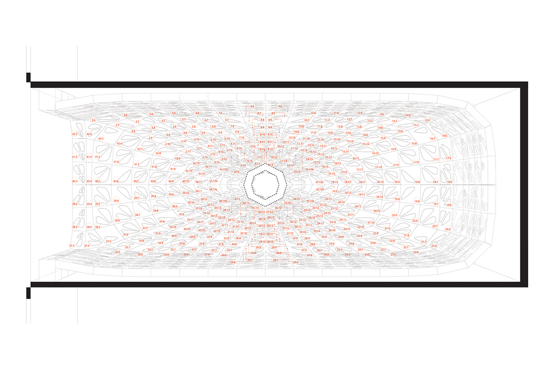 Ceiling plan drawing for Hope Tree installation situated within 20 foot shipping container.