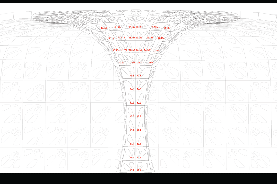 Elevation drawing for Hope Tree installation tree trunk column situated in the center of the shipping container.