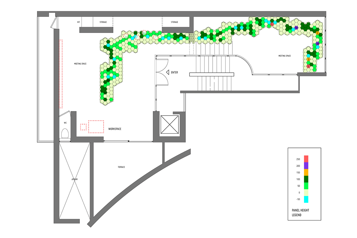 Kan exhibition display system plan drawing showing hexagon panel types in different colors