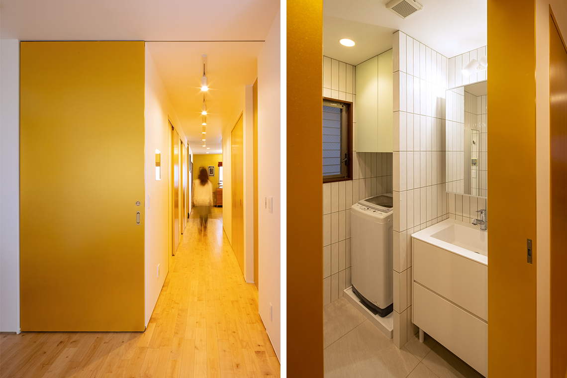 White tiled bathroom interior image withanother image depicting hallway interior in Kitano House Renovation project.