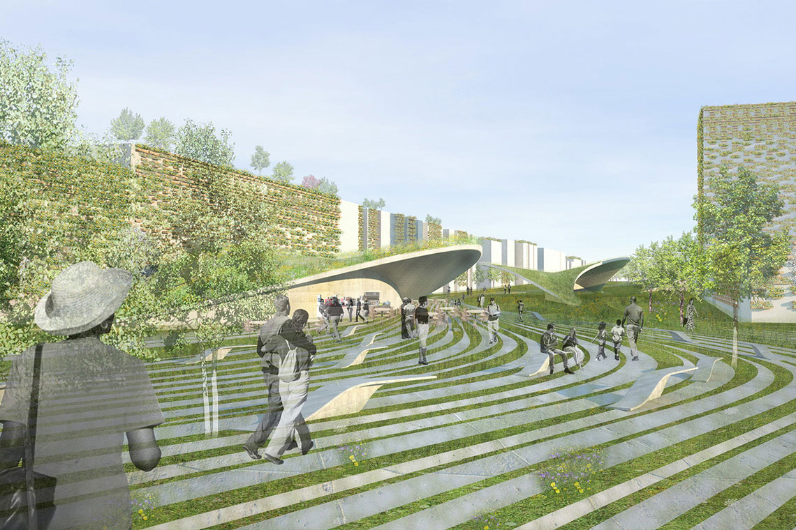 View of Swell Scape elevated pedestrian park over Grand Concourse traffic flow